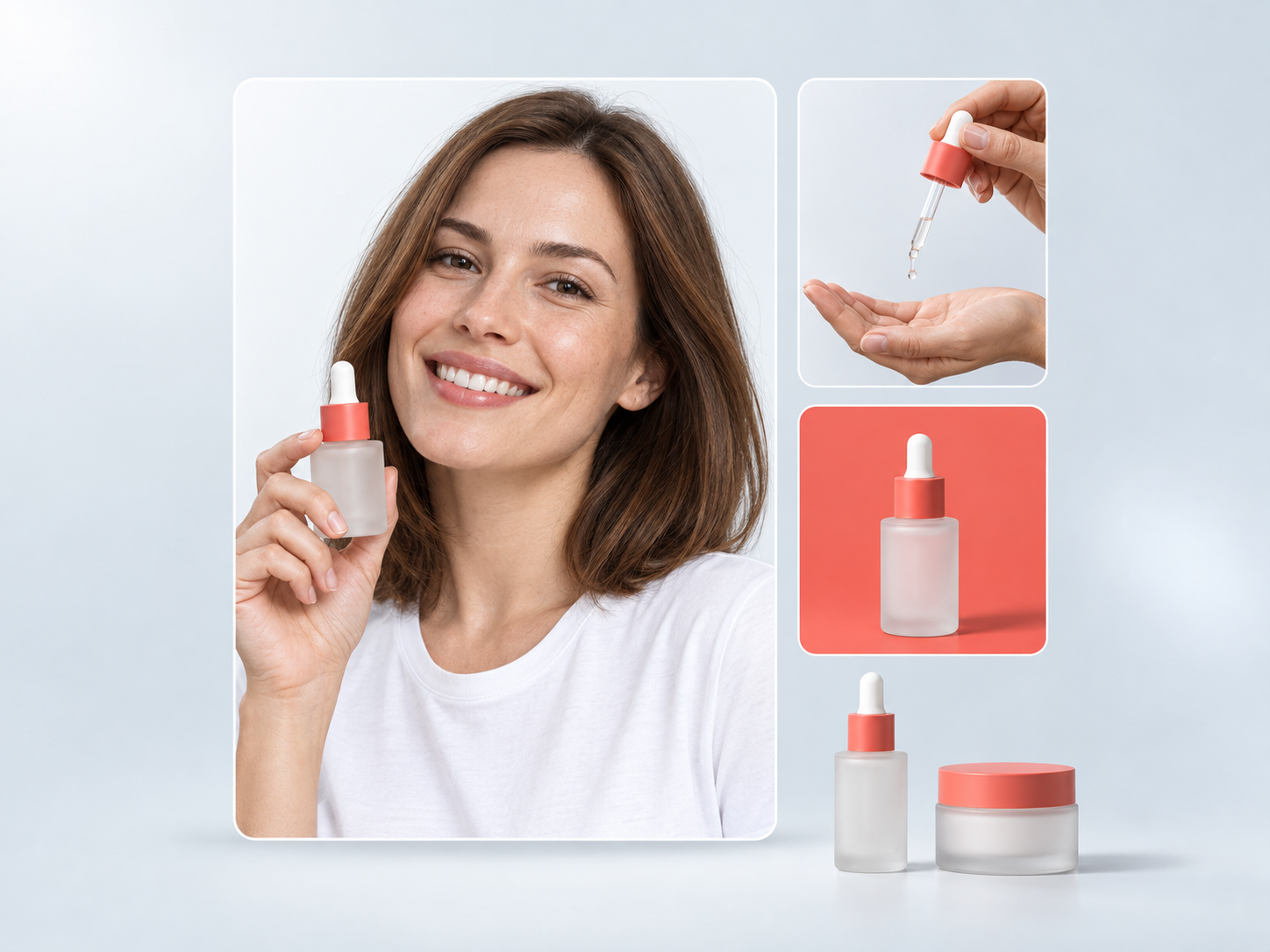 KI-generierte Illustration: Eine Creatorin präsentiert ein Serum neben einer Anwendungsszene und Produktvarianten.