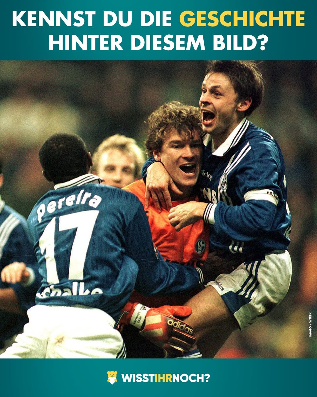 Historisches Fußballmotiv mit der Frage „Kennst du die Geschichte hinter diesem Bild?“, veröffentlicht von WISST IHR NOCH?.